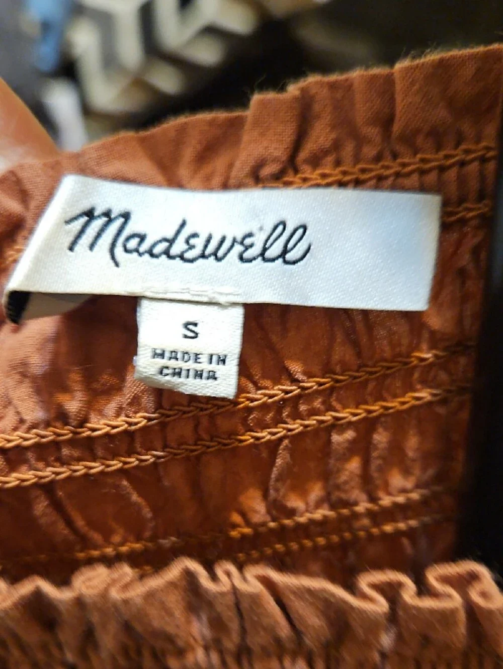 Madewell Brown Smocked Off-Shoulder Blouse